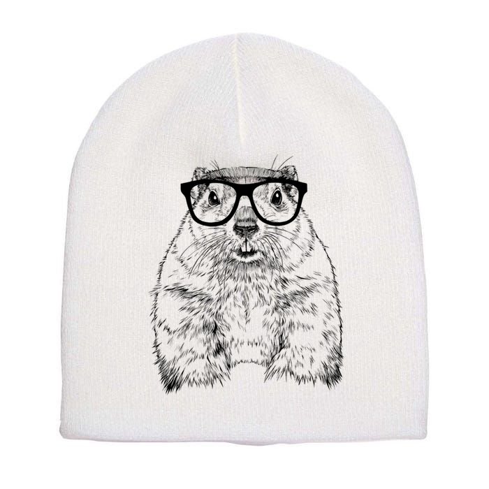 Hipster Groundhog In Nerd Glasses Animal Short Acrylic Beanie