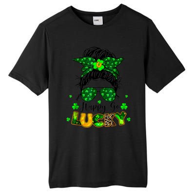 Happy Go Lucky Messy Bun Shamrock St Patrick's Day Tall Fusion ChromaSoft Performance T-Shirt