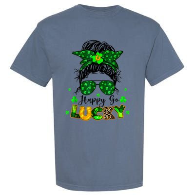 Happy Go Lucky Messy Bun Shamrock St Patrick's Day Garment-Dyed Heavyweight T-Shirt