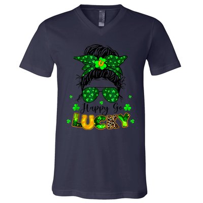 Happy Go Lucky Messy Bun Shamrock St Patrick's Day V-Neck T-Shirt