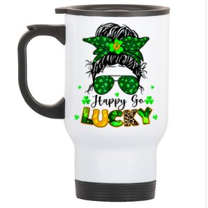 Happy Go Lucky Messy Bun Shamrock St Patrick's Day Stainless Steel Travel Mug