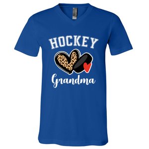 Hockey Grandma Leopard Heart Grandmother Gift V-Neck T-Shirt