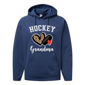 Hockey Grandma Leopard Heart Grandmother Gift Performance Fleece Hoodie