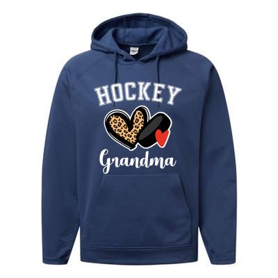 Hockey Grandma Leopard Heart Grandmother Gift Performance Fleece Hoodie