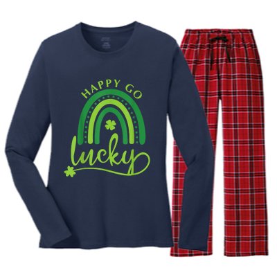 Happy Go Lucky Rainbow Shamrock St Patrick's Day Women's Long Sleeve Flannel Pajama Set 