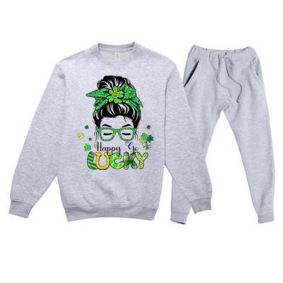 Happy Go Lucky Messy Bun Shamrock St Patricks Day   Premium Crewneck Sweatsuit Set