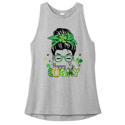 Happy Go Lucky Messy Bun Shamrock St Patricks Day   Ladies PosiCharge Tri-Blend Wicking Tank