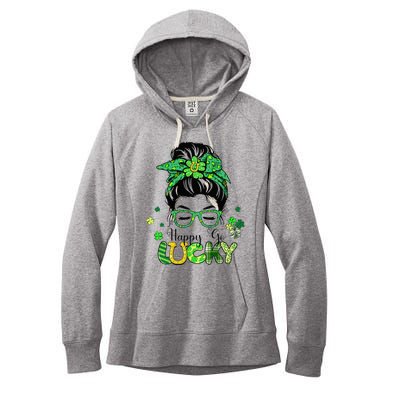 Happy Go Lucky Messy Bun Shamrock St Patricks Day   Women's Fleece Hoodie