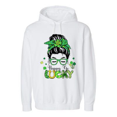 Happy Go Lucky Messy Bun Shamrock St Patricks Day   Garment-Dyed Fleece Hoodie