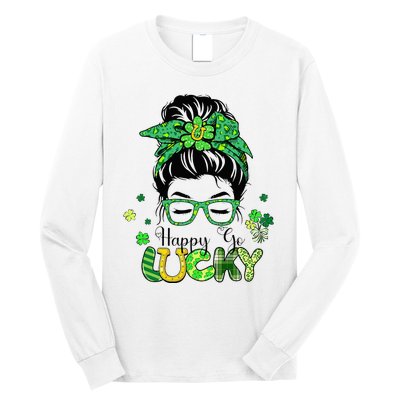 Happy Go Lucky Messy Bun Shamrock St Patricks Day   Long Sleeve Shirt