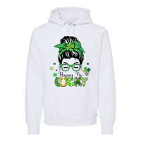 Happy Go Lucky Messy Bun Shamrock St Patricks Day   Premium Hoodie