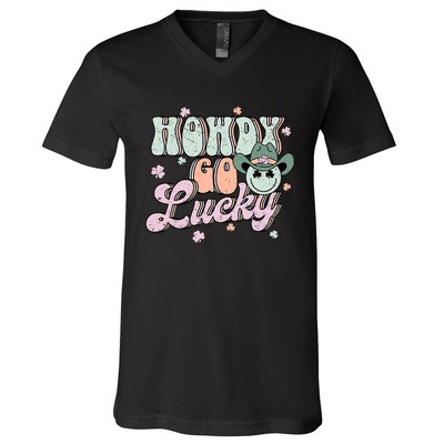 Howdy Go Lucky Happy St Patricks Day Cowboy Irish Shamrock V-Neck T-Shirt