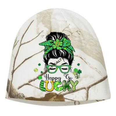 Happy Go Lucky Messy Bun Shamrock St Patricks Day Women Girl Kati - Camo Knit Beanie