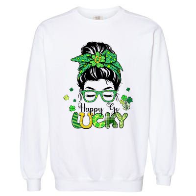 Happy Go Lucky Messy Bun Shamrock St Patricks Day Women Girl Garment-Dyed Sweatshirt