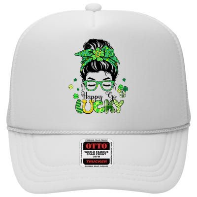 Happy Go Lucky Messy Bun Shamrock St Patricks Day Women Girl High Crown Mesh Back Trucker Hat