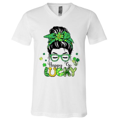 Happy Go Lucky Messy Bun Shamrock St Patricks Day Women Girl V-Neck T-Shirt