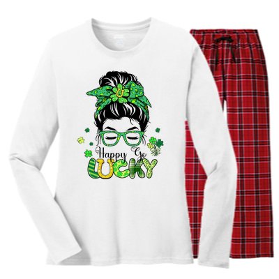 Happy Go Lucky Messy Bun Shamrock St Patricks Day Women Girl Women's Long Sleeve Flannel Pajama Set 