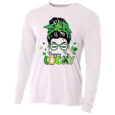 Happy Go Lucky Messy Bun Shamrock St Patricks Day Women Girl Cooling Performance Long Sleeve Crew