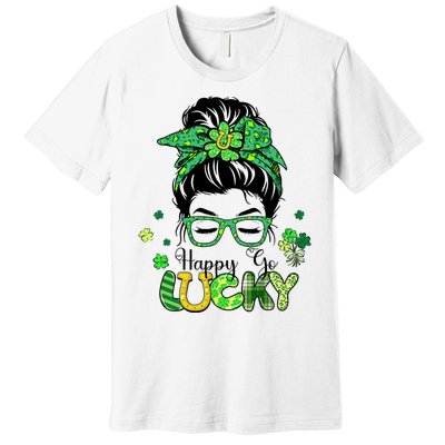 Happy Go Lucky Messy Bun Shamrock St Patricks Day Women Girl Premium T-Shirt