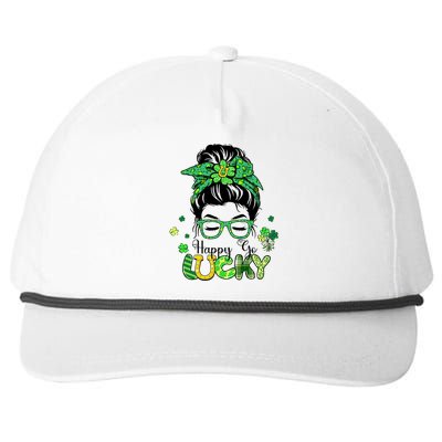 Happy Go Lucky Messy Bun Shamrock St Patricks Day Women Girl Snapback Five-Panel Rope Hat