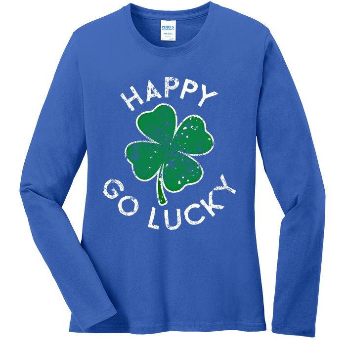 Happy Go Luck Lucky Clover St Patrick's Day Distress Great Gift Ladies Long Sleeve Shirt