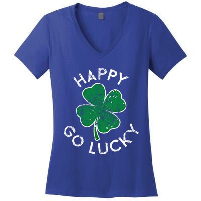 Happy Go Luck Lucky Clover St Patrick's Day Distress Great Gift Women's V-Neck T-Shirt