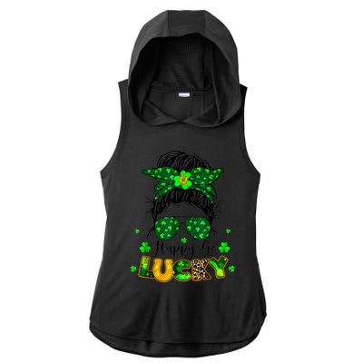 Happy Go Lucky Messy Bun Shamrock St Patrick's Day Wo Ladies PosiCharge Tri-Blend Wicking Draft Hoodie Tank