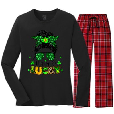 Happy Go Lucky Messy Bun Shamrock St Patrick's Day Wo Women's Long Sleeve Flannel Pajama Set 