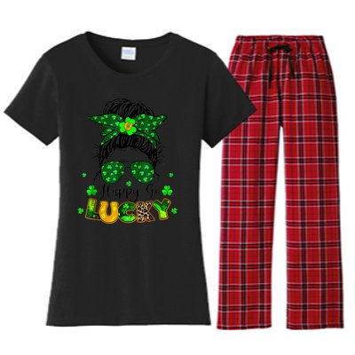 Happy Go Lucky Messy Bun Shamrock St Patrick's Day Wo Women's Flannel Pajama Set