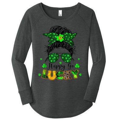 Happy Go Lucky Messy Bun Shamrock St Patrick's Day Wo Women's Perfect Tri Tunic Long Sleeve Shirt