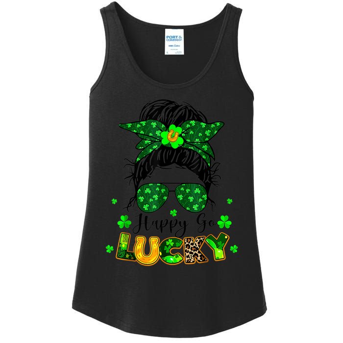 Happy Go Lucky Messy Bun Shamrock St Patrick's Day Wo Ladies Essential Tank