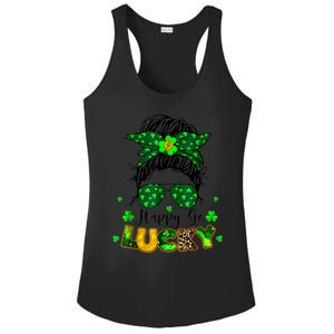 Happy Go Lucky Messy Bun Shamrock St Patrick's Day Wo Ladies PosiCharge Competitor Racerback Tank