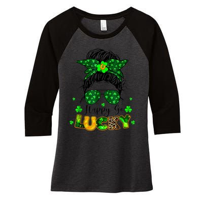 Happy Go Lucky Messy Bun Shamrock St Patrick's Day Wo Women's Tri-Blend 3/4-Sleeve Raglan Shirt