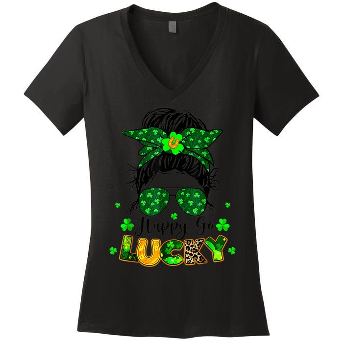 Happy Go Lucky Messy Bun Shamrock St Patrick's Day Wo Women's V-Neck T-Shirt