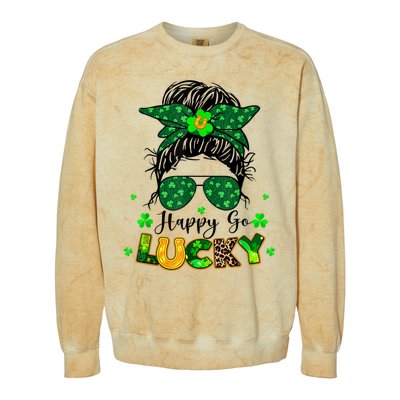 Happy Go Lucky Messy Bun Shamrock St Patrick's Day Colorblast Crewneck Sweatshirt