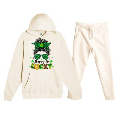 Happy Go Lucky Messy Bun Shamrock St Patrick's Day Premium Hooded Sweatsuit Set