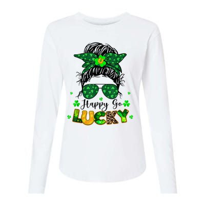 Happy Go Lucky Messy Bun Shamrock St Patrick's Day Womens Cotton Relaxed Long Sleeve T-Shirt