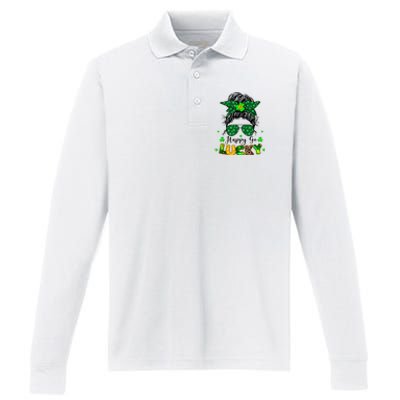 Happy Go Lucky Messy Bun Shamrock St Patrick's Day Performance Long Sleeve Polo