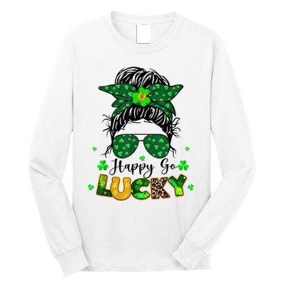 Happy Go Lucky Messy Bun Shamrock St Patrick's Day Long Sleeve Shirt