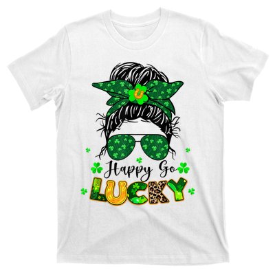 Happy Go Lucky Messy Bun Shamrock St Patrick's Day T-Shirt