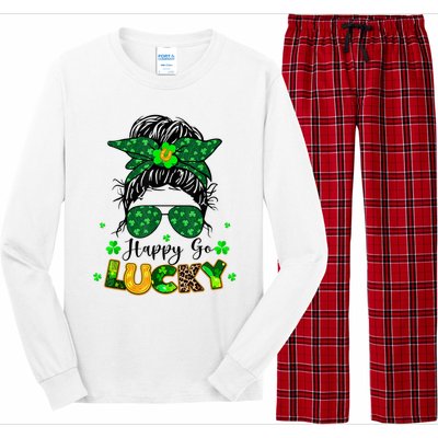 Happy Go Lucky Messy Bun Shamrock St Patrick's Day Long Sleeve Pajama Set