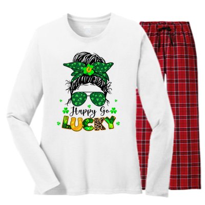 Happy Go Lucky Messy Bun Shamrock St Patrick's Day Women's Long Sleeve Flannel Pajama Set 