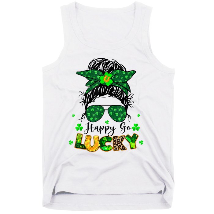 Happy Go Lucky Messy Bun Shamrock St Patrick's Day Tank Top