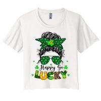 Happy Go Lucky Messy Bun Shamrock St Patrick's Day Women's Crop Top Tee