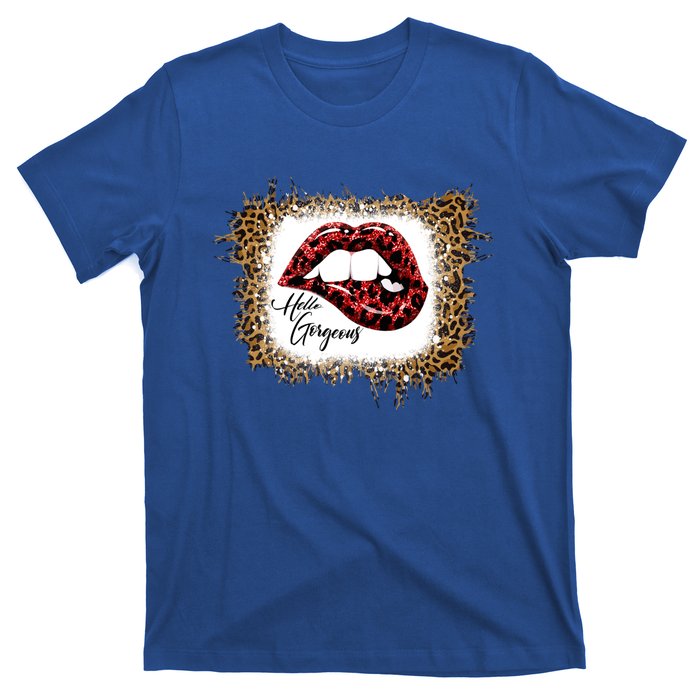 Hello Gorgeous Leopard Big Red Lips Heart Valentines Day Funny Gift T-Shirt