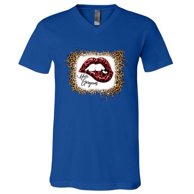 Hello Gorgeous Leopard Big Red Lips Heart Valentines Day Funny Gift V-Neck T-Shirt