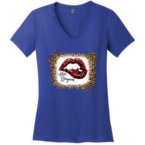 Hello Gorgeous Leopard Big Red Lips Heart Valentines Day Funny Gift Women's V-Neck T-Shirt