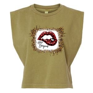 Hello Gorgeous Leopard Big Red Lips Heart Valentines Day Funny Gift Garment-Dyed Women's Muscle Tee