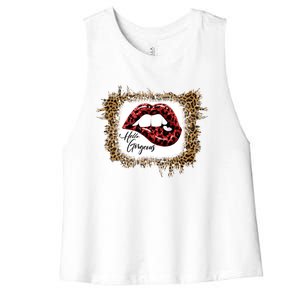 Hello Gorgeous Leopard Big Red Lips Heart Valentines Day Funny Gift Women's Racerback Cropped Tank