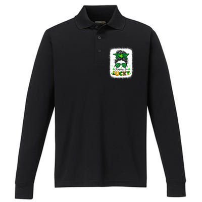 Happy Go Lucky Messy Bun Shamrock St Patrick's Day Gift Performance Long Sleeve Polo